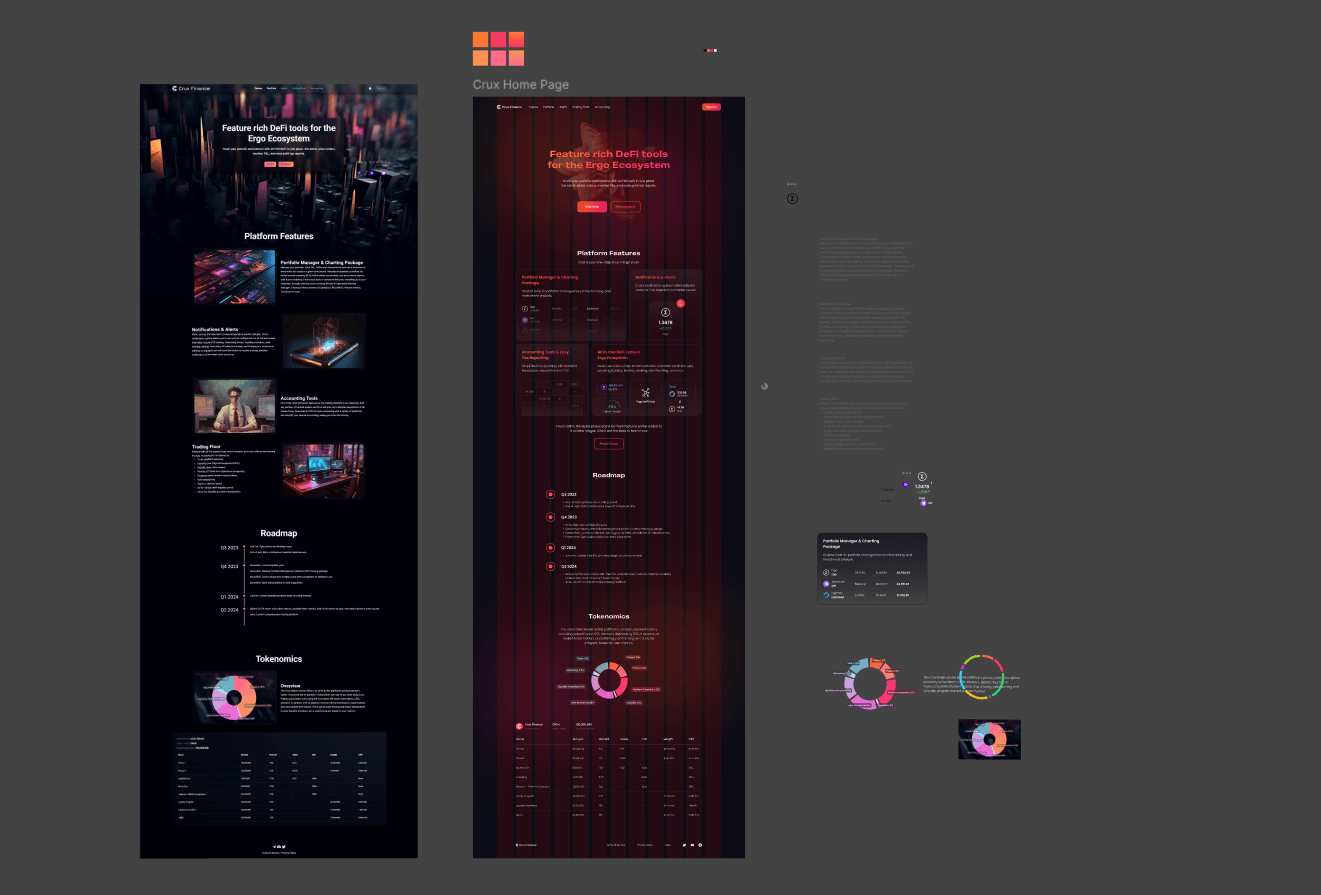 Crux Finance, Figma canvas showing landing page and app screens