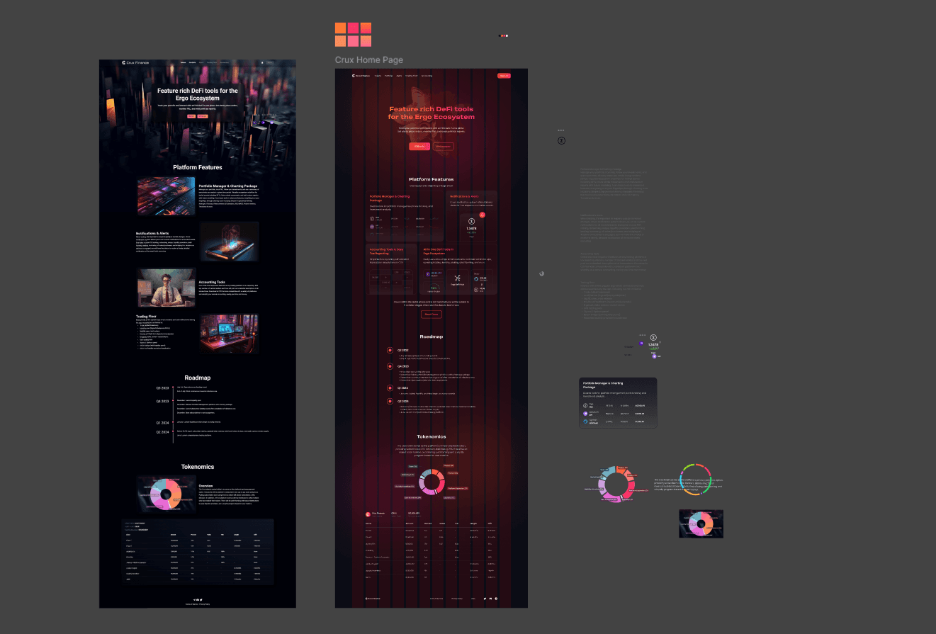 Crux Finance — Figma canvas showing landing page and app screens